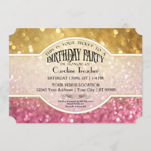 Bokeh Birthday Movie Ticket Style Pink Sparkle Kaart