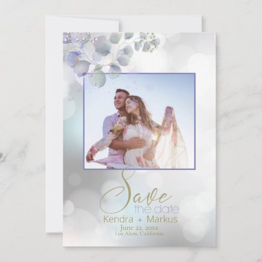 Bokeh en Lila Munt Eucalyptus Save the Date Kaart (Voorkant)