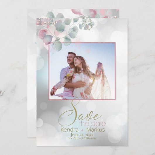 Bokeh en Roos Laurel Eucalyptus Save the Date Kaart (Voorkant / Achterkant)