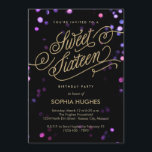 Bokeh Glam Faux Gold Sweet sixteen Invitation<br><div class="desc">Des lumières de confettis bokeh scintillantes en rose, violet et bleu translucide en l'arrière - plan de cette fabuleuse et glamour invitation à la fête d'anniversaire de sweet sixteen, avec un marqueur fantaisiste en feuille d'or écrit "Sweet sixteen" en écriture digne d'une princesse. Veuillez noter qu'il ne s'agit PAS d'une...</div>