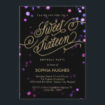 Bokeh Glam Faux Gold Sweet sixteen Invitation<br><div class="desc">Des lumières de confettis bokeh scintillantes en rose, violet et bleu translucide en l'arrière - plan de cette fabuleuse et glamour invitation à la fête d'anniversaire de sweet sixteen, avec un marqueur fantaisiste en feuille d'or écrit "Sweet sixteen" en écriture digne d'une princesse. Veuillez noter qu'il ne s'agit PAS d'une...</div>