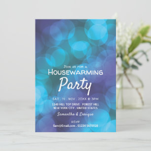 Bokeh Lights, Blue Spot Housewarming Party Invite Aankondiging
