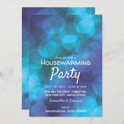 Bokeh Lights, Blue Spot Housewarming Party Invite Aankondiging (Voorkant / Achterkant)