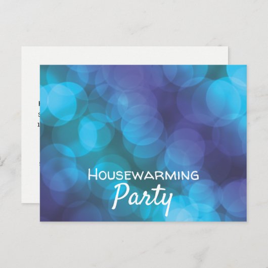 Bokeh Lights, Blue Spot Housewarming Party Invite Uitnodiging Briefkaart (Voorkant / Achterkant)