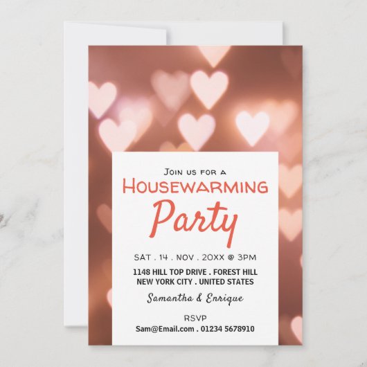 Bokeh Lights, Roze Heart Housewarming Party Invite Aankondiging (Voorkant)