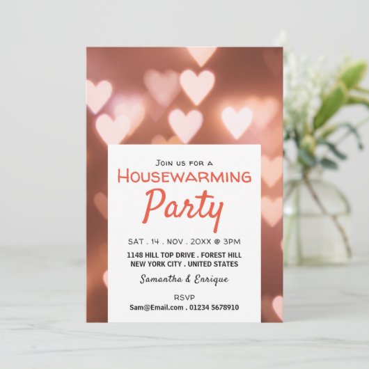 Bokeh Lights, Roze Heart Housewarming Party Invite Aankondiging (Staand voorkant)