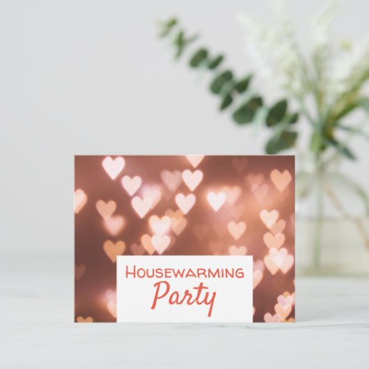 Bokeh Lights, Roze Heart Housewarming Party Invite Uitnodiging Briefkaart (Staand voorkant)