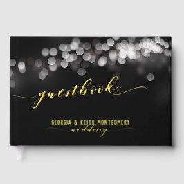 Bokeh Lights Zwart Goud Script Elegante bruiloft Gastenboek