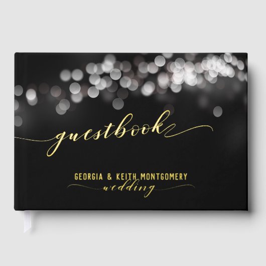 Bokeh Lights Zwart Goud Script Elegante bruiloft Gastenboek (Voorkant)
