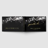 Bokeh Lights Zwart Goud Script Elegante bruiloft Gastenboek (Volledig)