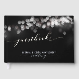 Bokeh Lights Zwart Zilver Script Elegante bruiloft Gastenboek
