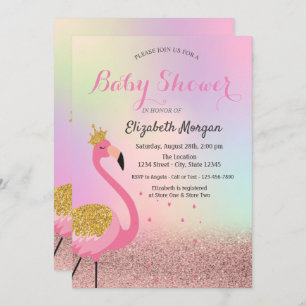 Bokeh, Roze Flamingo Holographic Baby shower Kaart