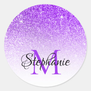 Bokeh Violet Glitter Wit Ombre Monogram Ronde Sticker