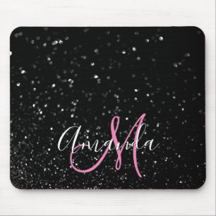 Bokeh Zwart Glitter Roze en Witte Monogram Muismat