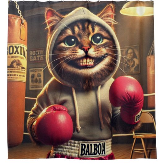 "Boksen kampioen? - Kat met bokshandschoenen Douchegordijn (Voorkant)