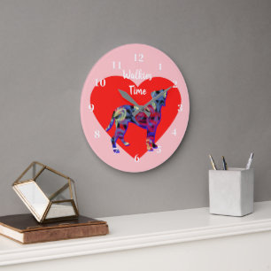 Bokser Dog Silhouette Valentijn's Day Roze Grote Klok