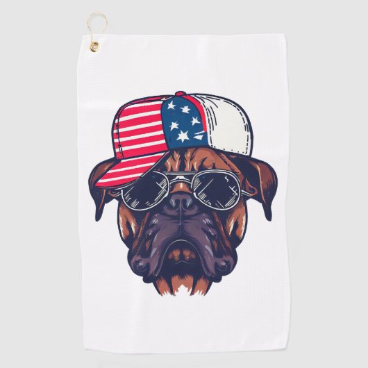 Bokser hond draagt wit rood blauw golfhanddoek (Voorkant)