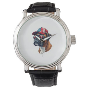 Bokser hond draagt wit rood blauw horloge