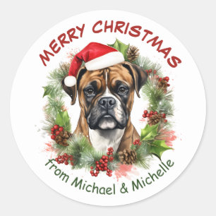 Bokser Hond Kerstmis Rode bessen krans Ronde Sticker
