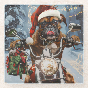 Bokser Hond Rijden Motorfiets Kerstmis Glazen Onderzetter