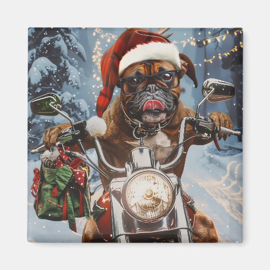 Bokser Hond Rijden Motorfiets Kerstmis Magneet (Voorkant)