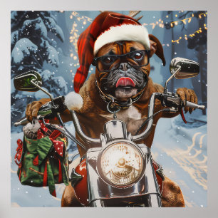Bokser Hond Rijden Motorfiets Kerstmis Poster