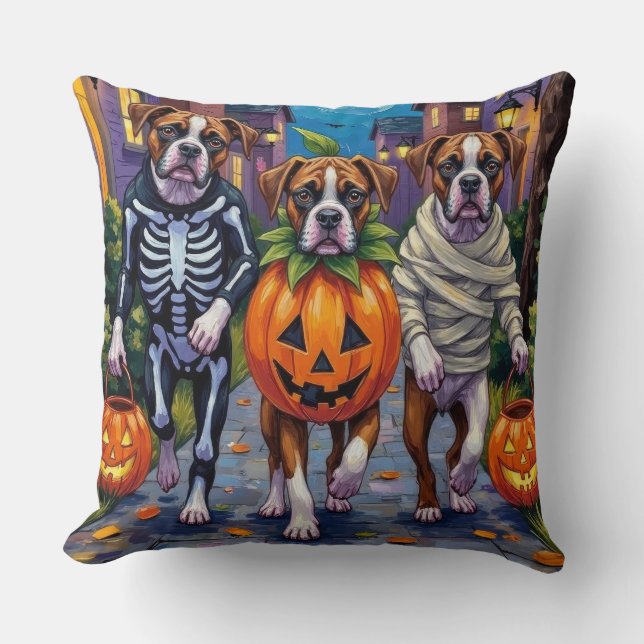 Bokser Honden Trick-or-Treating in Halloween Kostu Kussen (Voorkant)