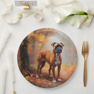 Bokser in herfstbladeren laat zich inspireren papieren bordje