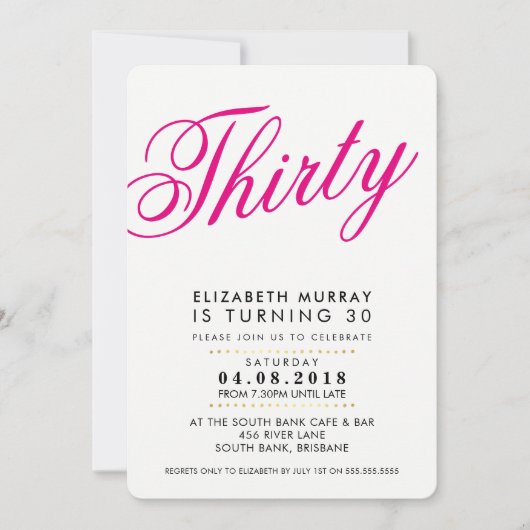 BOLD 30E anniversaire INVITATION script noir rose (Devant)