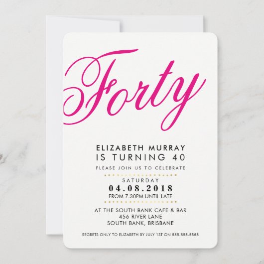 BOLD 40E anniversaire INVITATION script noir rose (Devant)