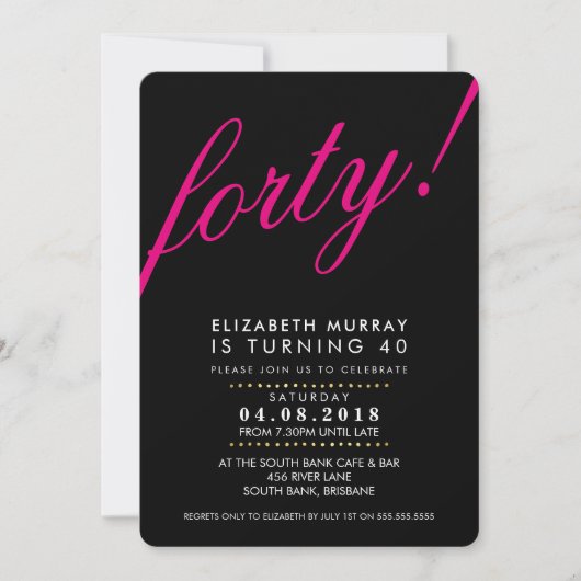 BOLD 40E anniversaire INVITATION script noir rose (Devant)