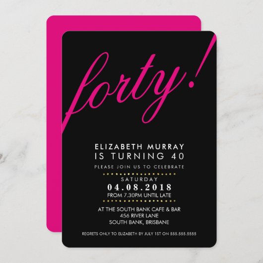 BOLD 40TH verjaardagsfeest INVITE script zwart roz Kaart (Voorkant / Achterkant)
