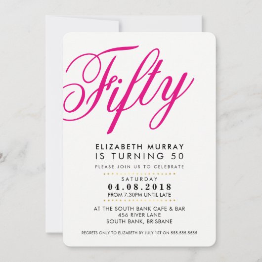 BOLD 50E anniversaire INVITATION script noir rose (Devant)