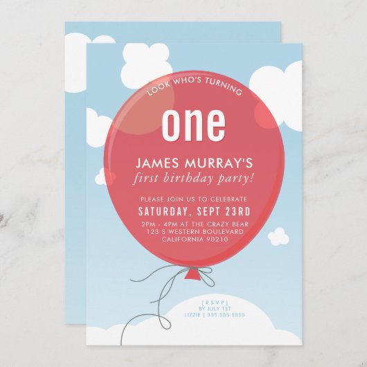 BOLD BALLOON fête d'anniversaire invitation bleu c (Devant / Derrière)