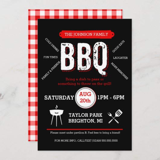 Bold BBQ Picnic Invitation, Barbecue Invite Kaart (Voorkant / Achterkant)