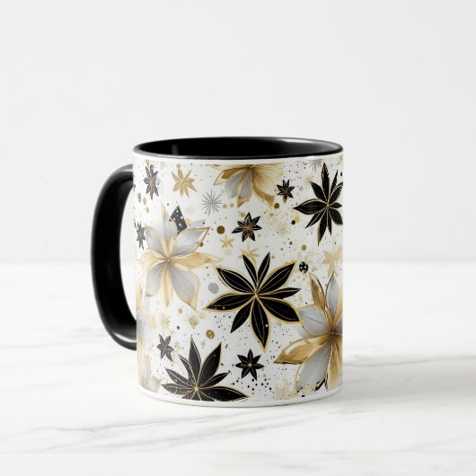Bold Black and Gold Abstract Floral Mok (Voorkant links)