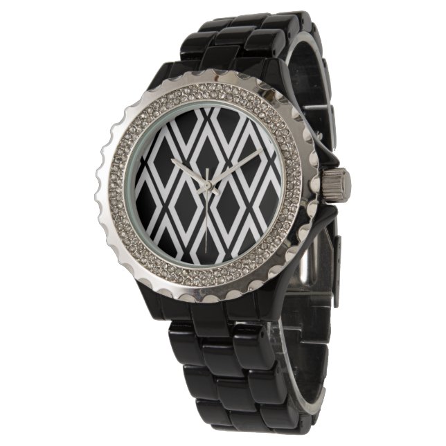 Bold Black en White Diamond Pattern Horloge (Gekanteld)