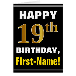 Bold, Black, Faux Gold 19th Birthday w/Name Card