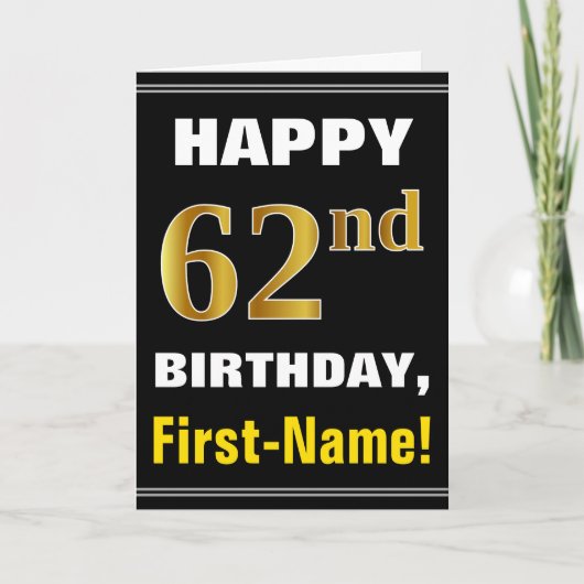 Bold, Black, Faux Gold 62e anniversaire avec carte (Devant)
