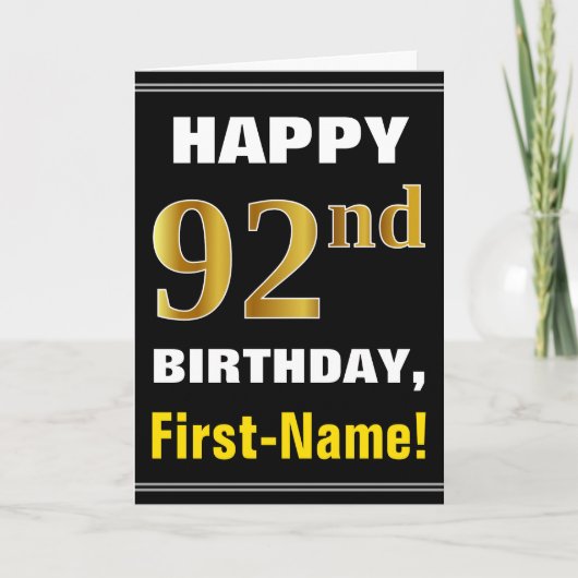 Bold, Black, Faux Gold 92e anniversaire avec carte (Devant)