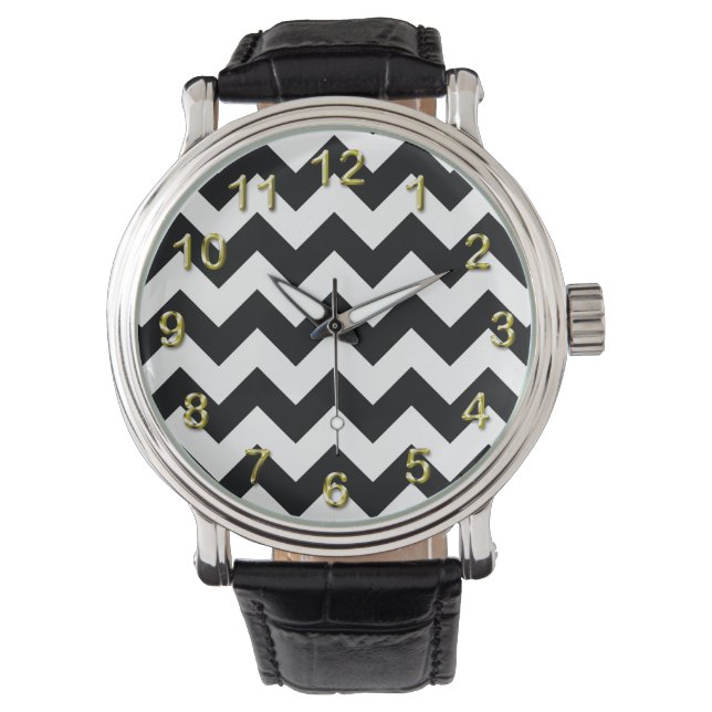 Bold Black & White Chevron Zig Zag Pattern Horloge (Voorkant)