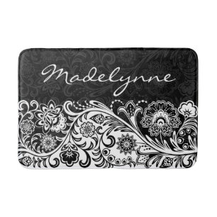 Bold Black White Floral Design Bath Mat
