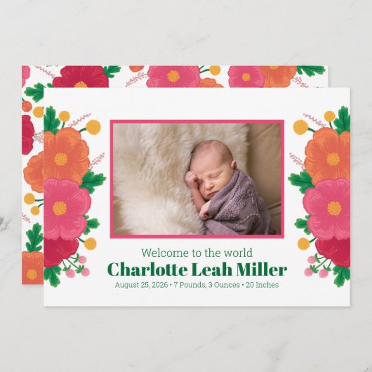 Bold Blooms Geboorteaankondiging Aankondiging (Voorkant / Achterkant)