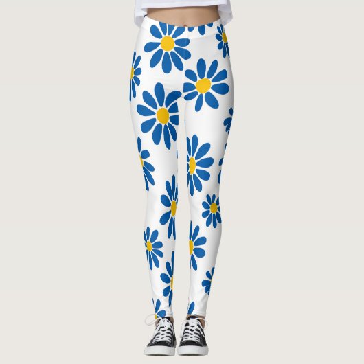 Bold Blue Daisy Floral Print Leggings (Devant)