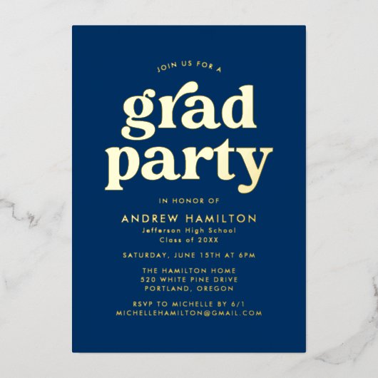 Bold Blue en Gold Photo Graduparty Folie Uitnodiging (Voorkant)