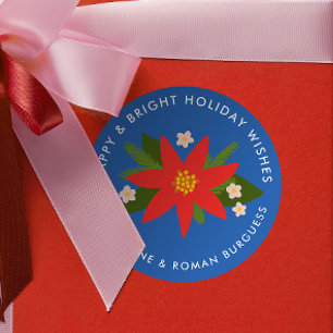 Bold Blue Poinsettia Noël Étiquette cadeau de vaca