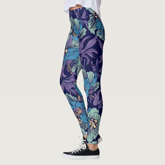 Bold Blue & Teal Botanical Print Floral Pattern Leggings (Links)