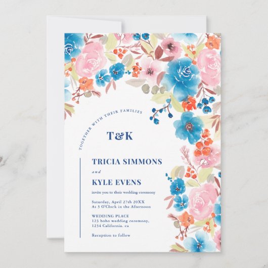 Bold Boho blauw roze wilde bloemenboog bruiloft Kaart (Voorkant)