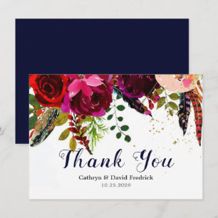 Bold Boho Burgundy Navy Floral Wedding Flat Bedankkaart
