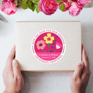 Bold & Bright Fuchsia Pink Floral Save The Date Ronde Sticker